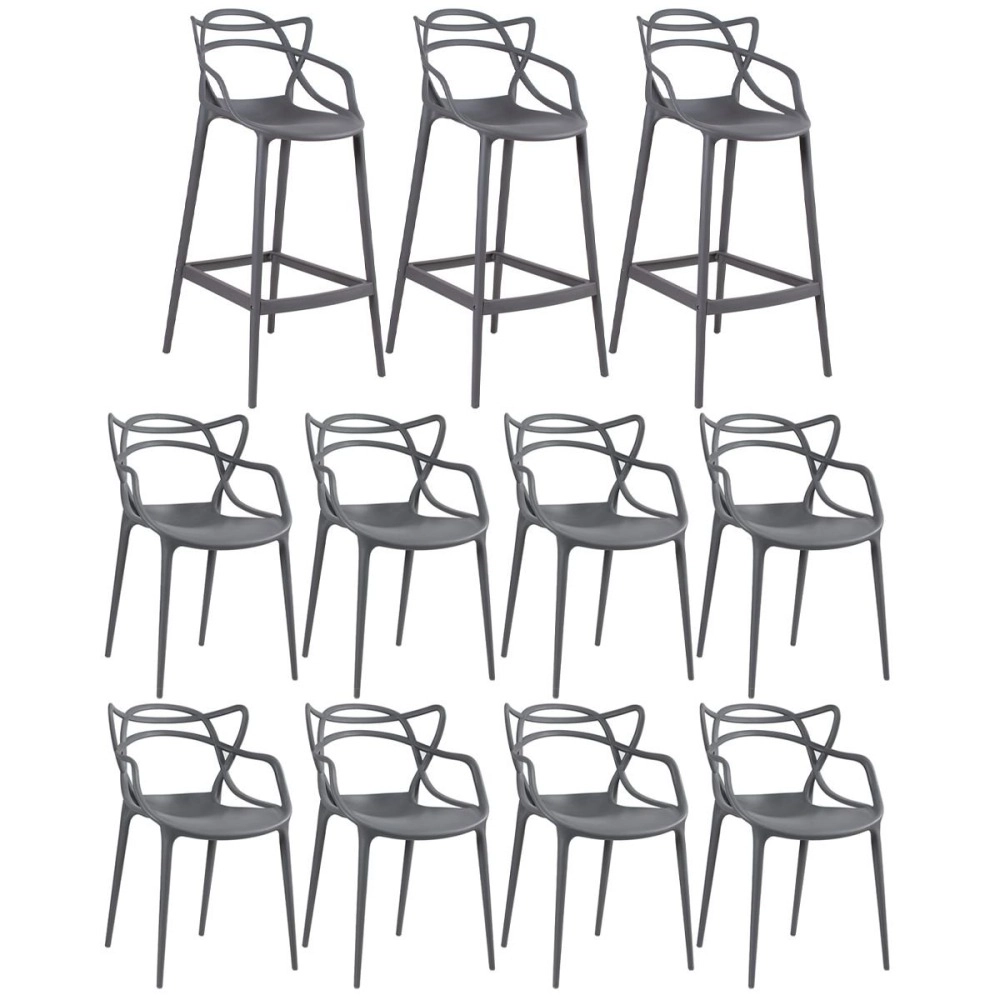 Kit 8 cadeiras + 3 banquetas altas Masters Allegra - Cinza escuro Kit 8 cadeiras + 3 banquetas altas Masters Allegra - Cinza escuro