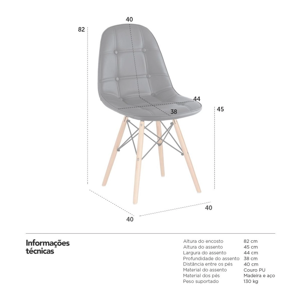 Kit 8 Cadeiras de jantar Charles Eames Eiffel Botonê Estofada - Preto Kit 8 Cadeiras de jantar Charles Eames Eiffel Botonê Estofada - Preto