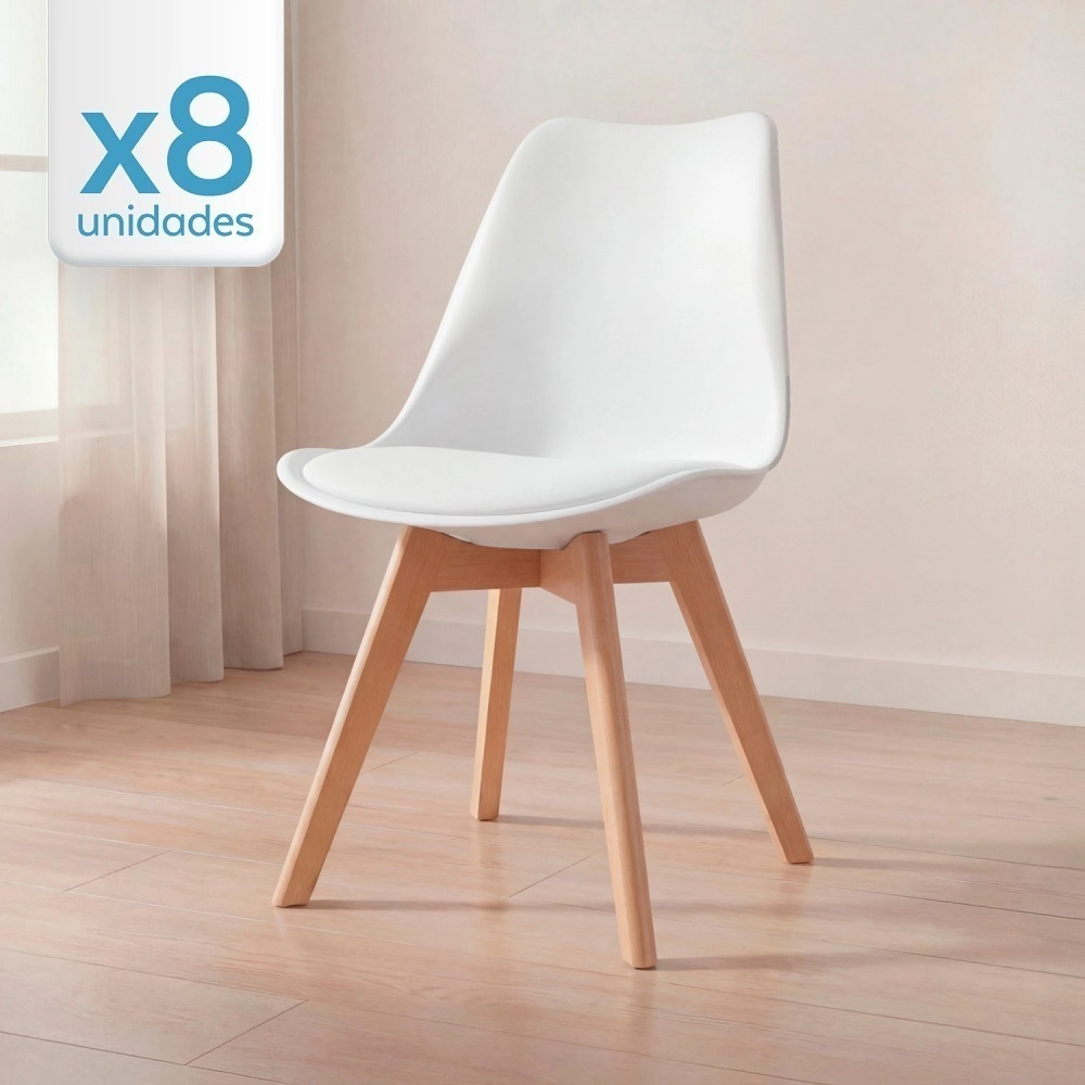 kit 8 Cadeiras de jantar Leda com assento estofado e design moderno - Branco