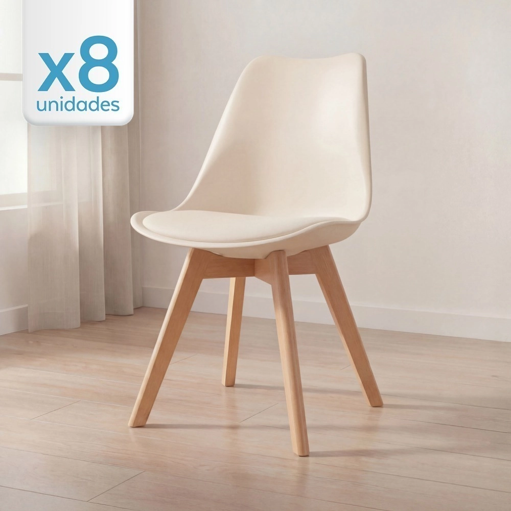 Kit 8 Cadeiras de jantar Leda com assento estofado e design moderno - Creme Kit 8 Cadeiras de jantar Leda com assento estofado e design moderno - Creme