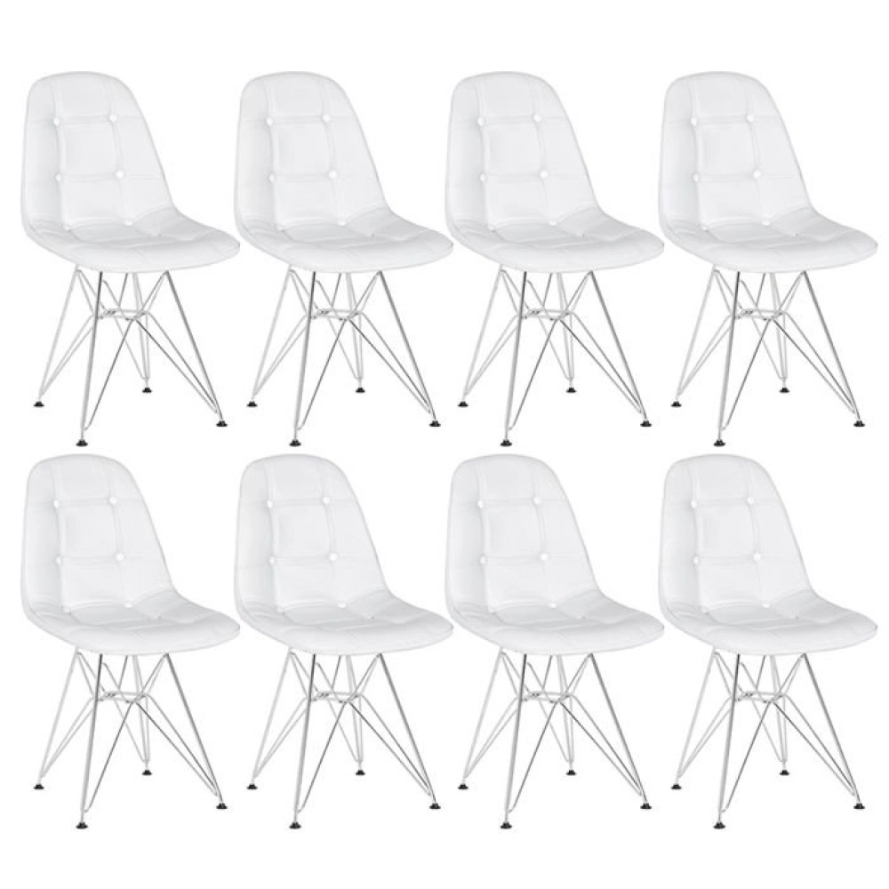 Kit 8 Cadeiras estofada Charles Eames Eiffel Botonê DKR com pés de metal cromado - Branco