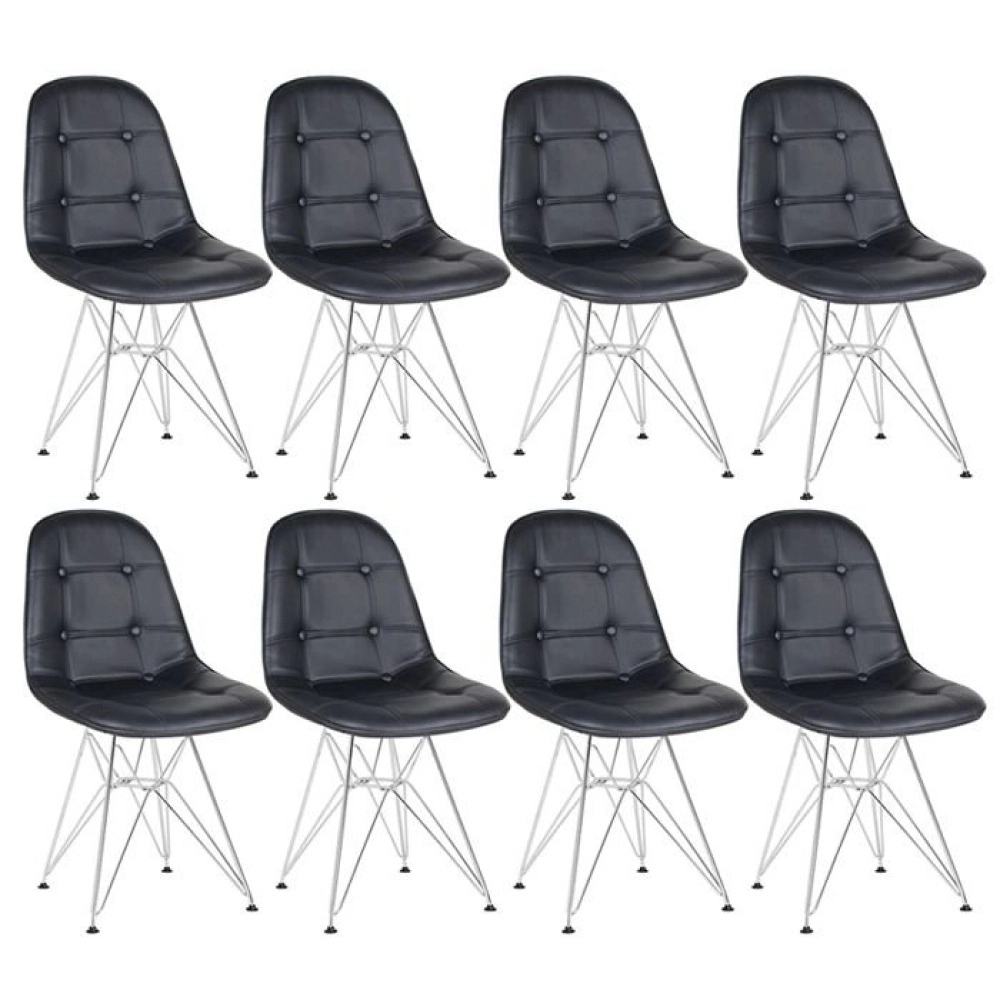 Kit 8 Cadeiras estofada Charles Eames Eiffel Botonê DKR com pés de metal cromado - Preto Kit 8 Cadeiras estofada Charles Eames Eiffel Botonê DKR com pés de metal cromado - Preto