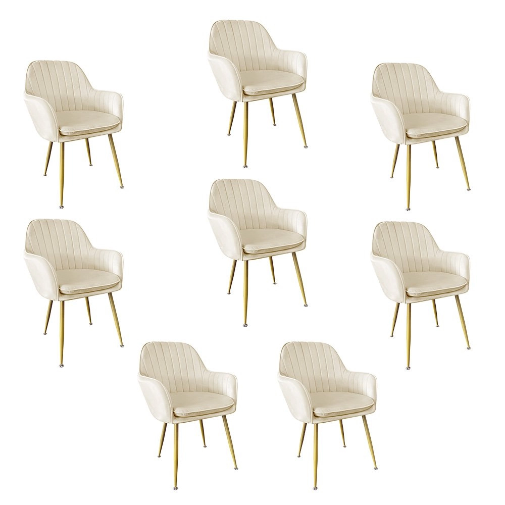 Kit 8 Cadeiras Poltrona Lines com pés dourados Suede para sala de jantar – Creme