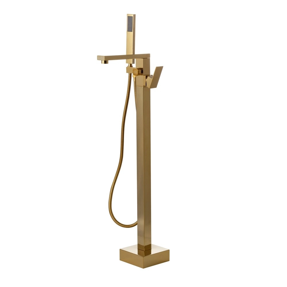 Kit Banheira de Imersão Acrílico 165 cm Azurita e Misturador de Piso Monocomando - Branco e Dourado