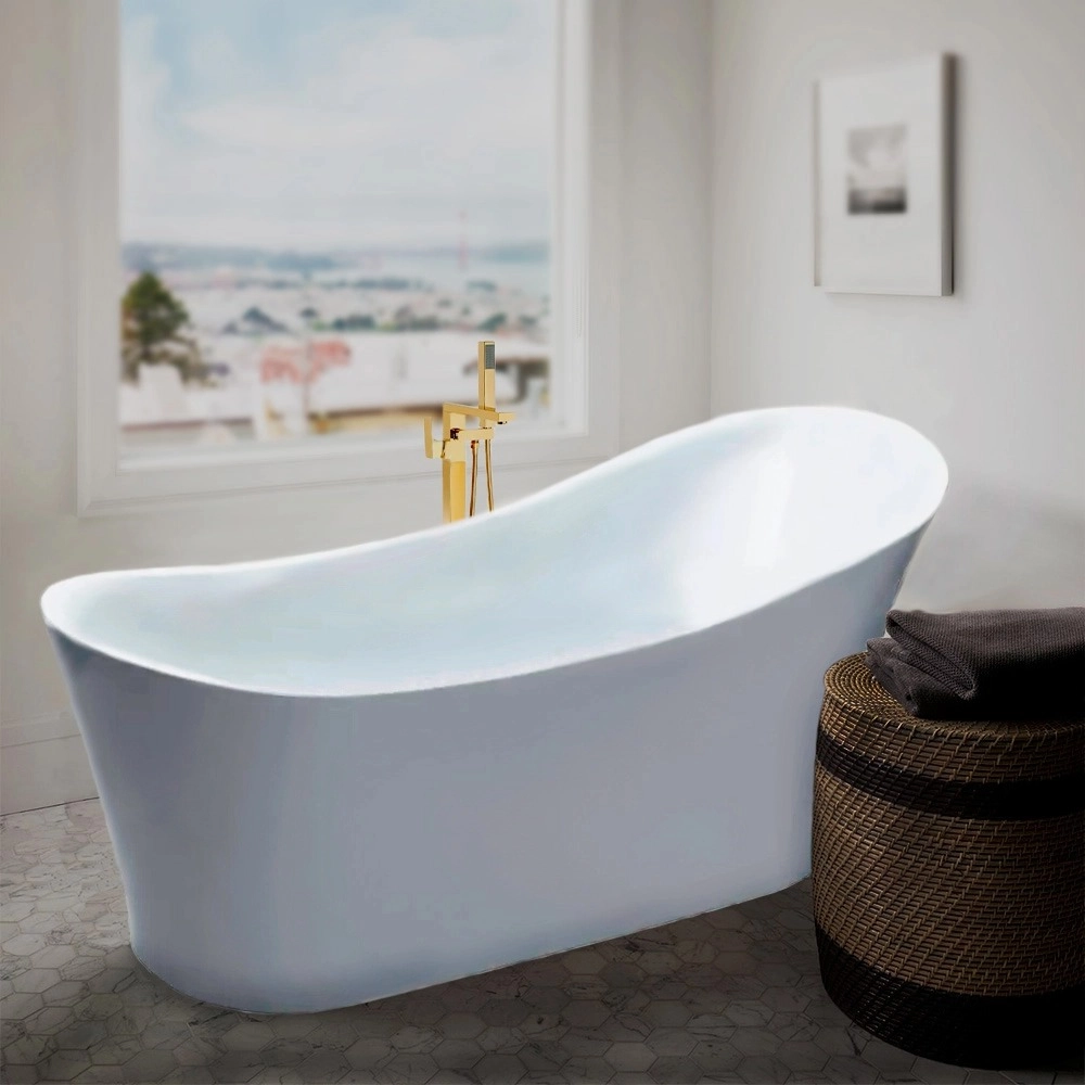Kit Banheira de Imersão Acrílico 165 cm Azurita e Misturador de Piso Monocomando - Branco e Dourado