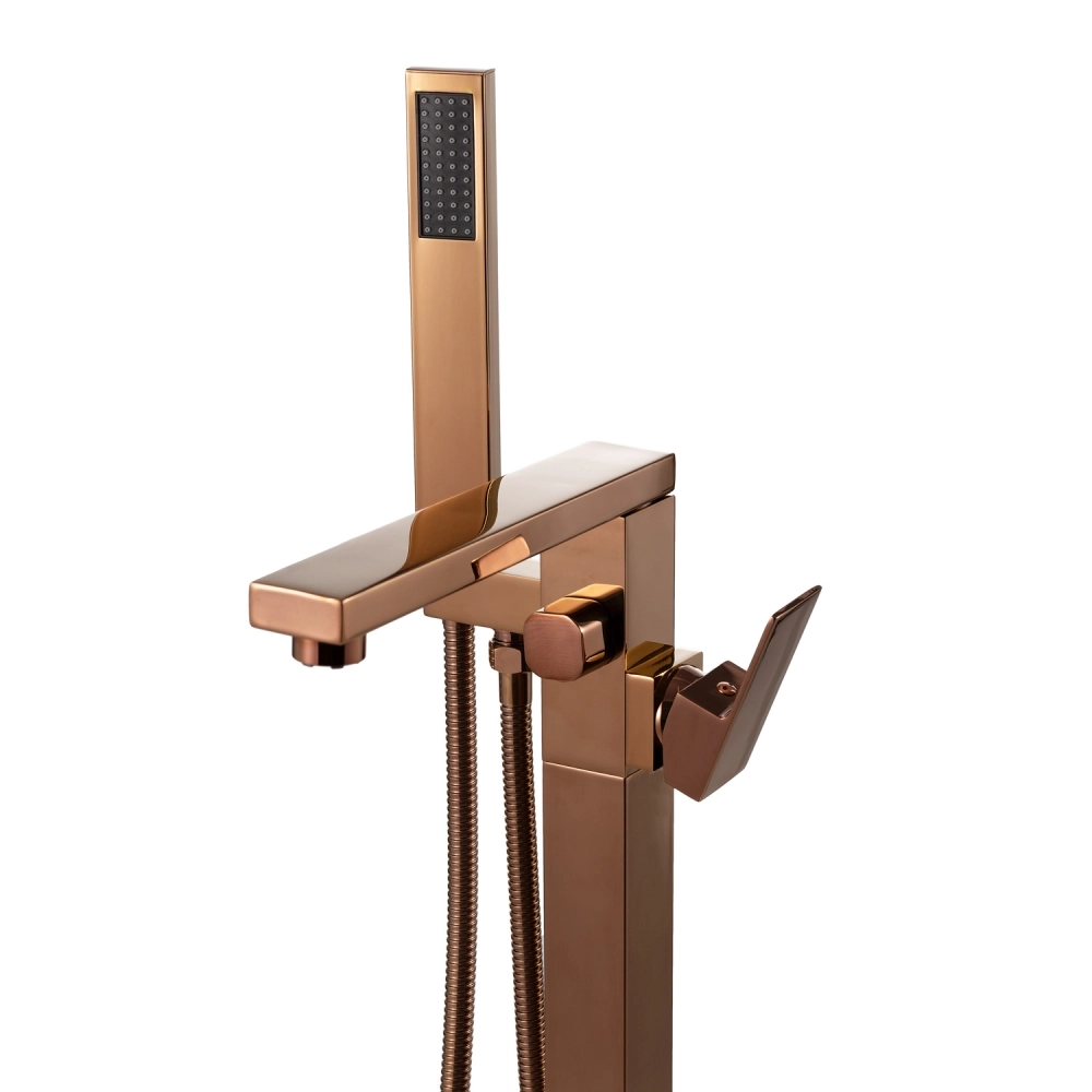 Kit Banheira de Imersão Acrílico 165 cm Azurita e Misturador de Piso Monocomando - Branco e Dourado Rose