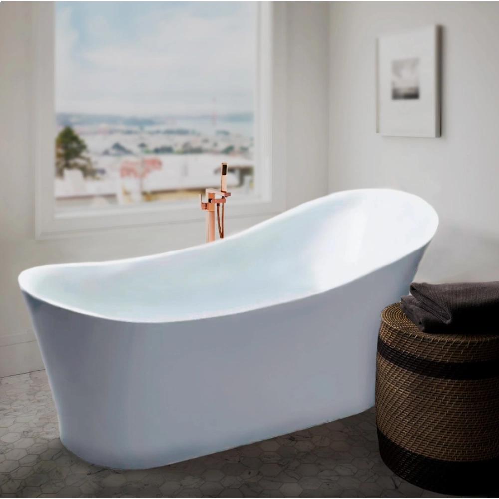 Kit Banheira de Imersão Acrílico 165 cm Azurita e Misturador de Piso Monocomando - Branco e Dourado Rose