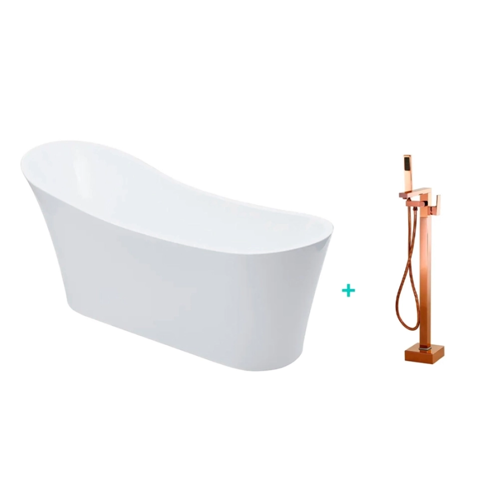 Kit Banheira de Imersão Acrílico 165 cm Azurita e Misturador de Piso Monocomando - Branco e Dourado Rose