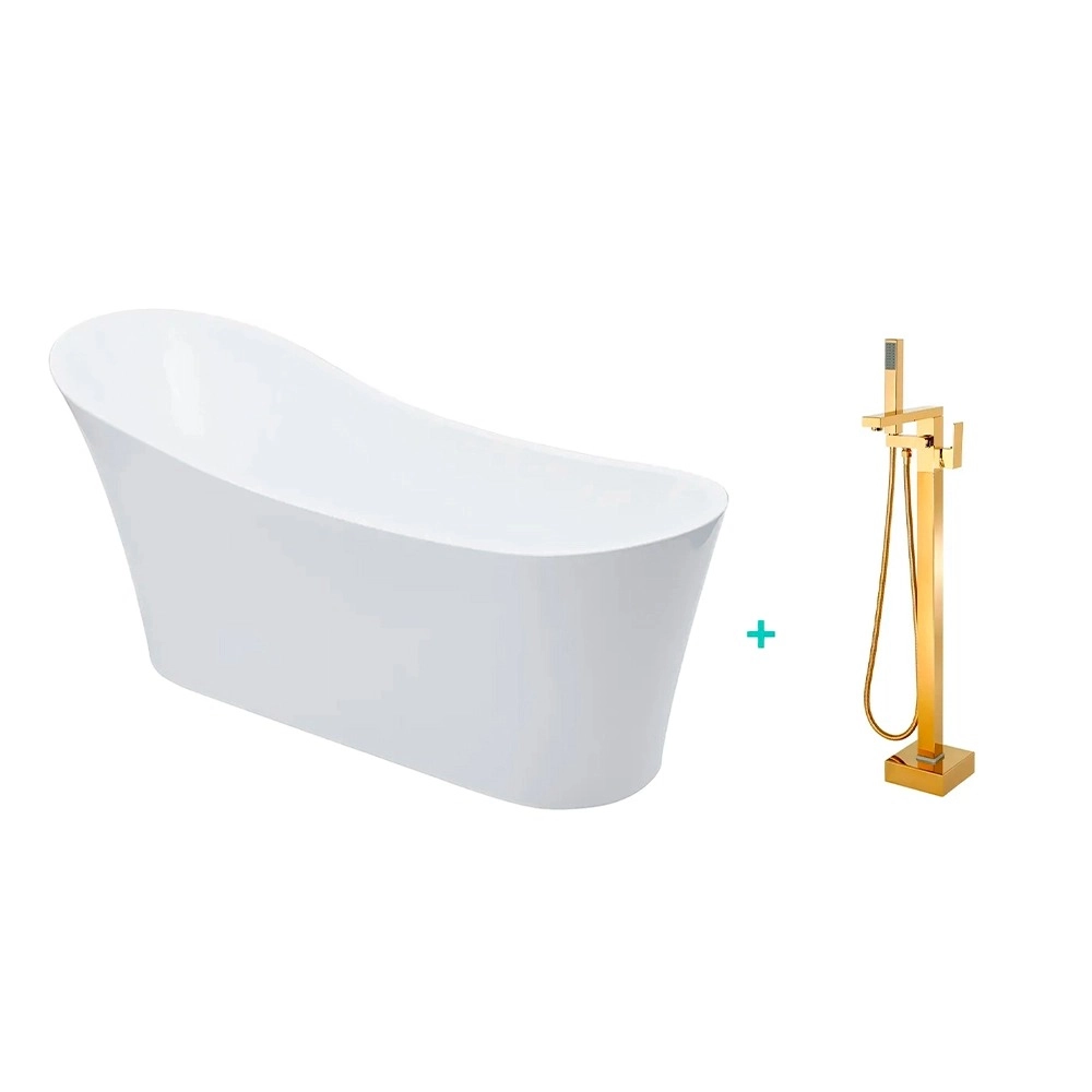 Kit Banheira de Imersão Acrílico 165 cm Azurita e Misturador de Piso Monocomando - Branco e Dourado