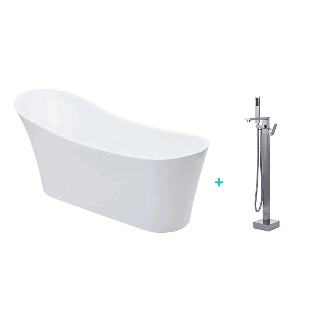 Kit Banheira de Imersão Acrílico 165 cm Azurita e Misturador de Piso Monocomando - Branco e Prata Cromado