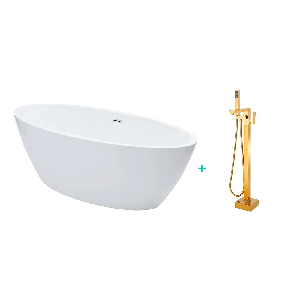 Kit Banheira de Imersão Acrílico 170 cm Rubi e Misturador de Piso Monocomando - Branco e Dourado