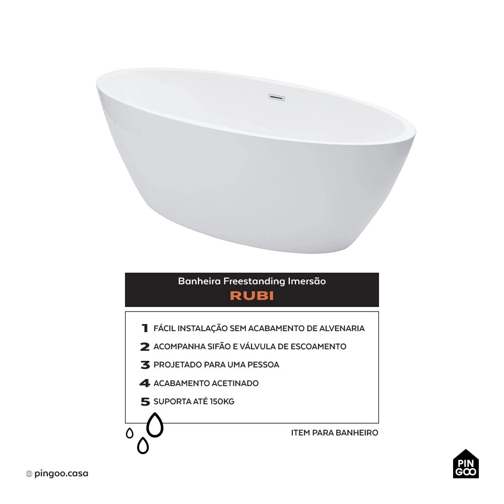 Kit Banheira de Imersão Acrílico 170 cm Rubi e Misturador de Piso Monocomando - Branco e Dourado Rose