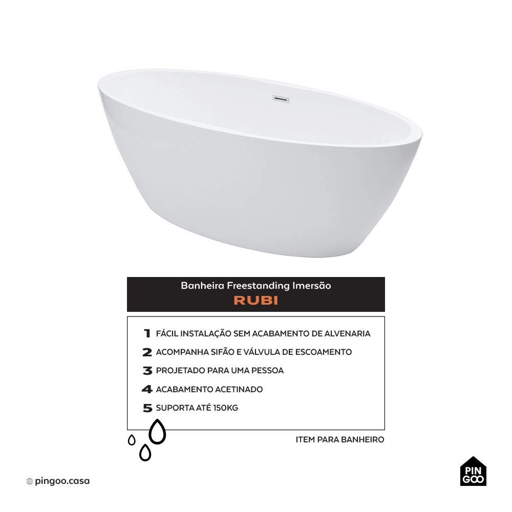 Kit Banheira de Imersão Acrílico 170 cm Rubi e Misturador de Piso Monocomando - Branco e Prata Cromado