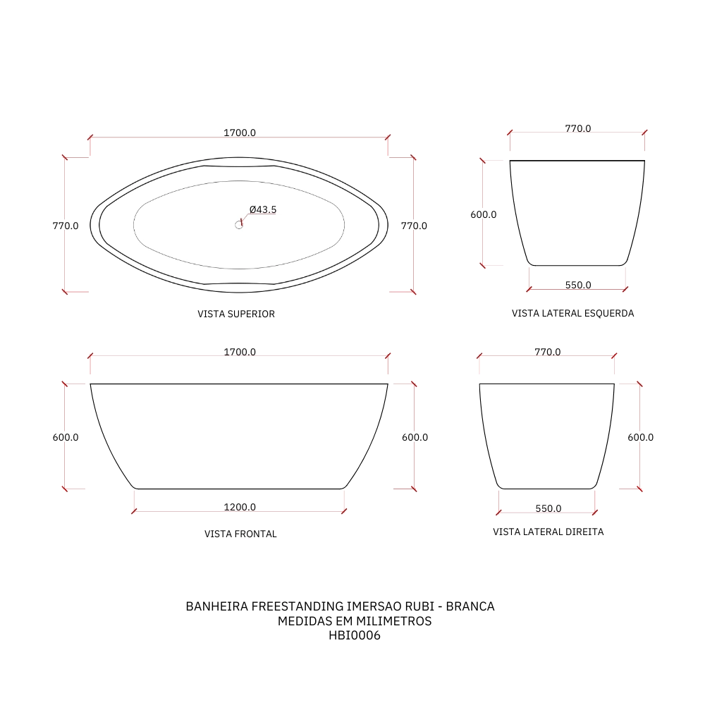 Kit Banheira de Imersão Acrílico 170 cm Rubi e Misturador de Piso Monocomando - Branco e Prata Cromado