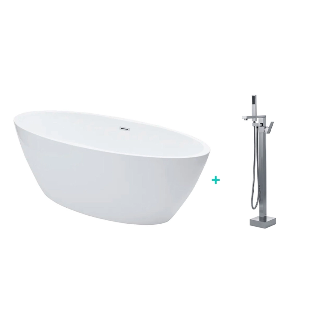 Kit Banheira de Imersão Acrílico 170 cm Rubi e Misturador de Piso Monocomando - Branco e Prata Cromado