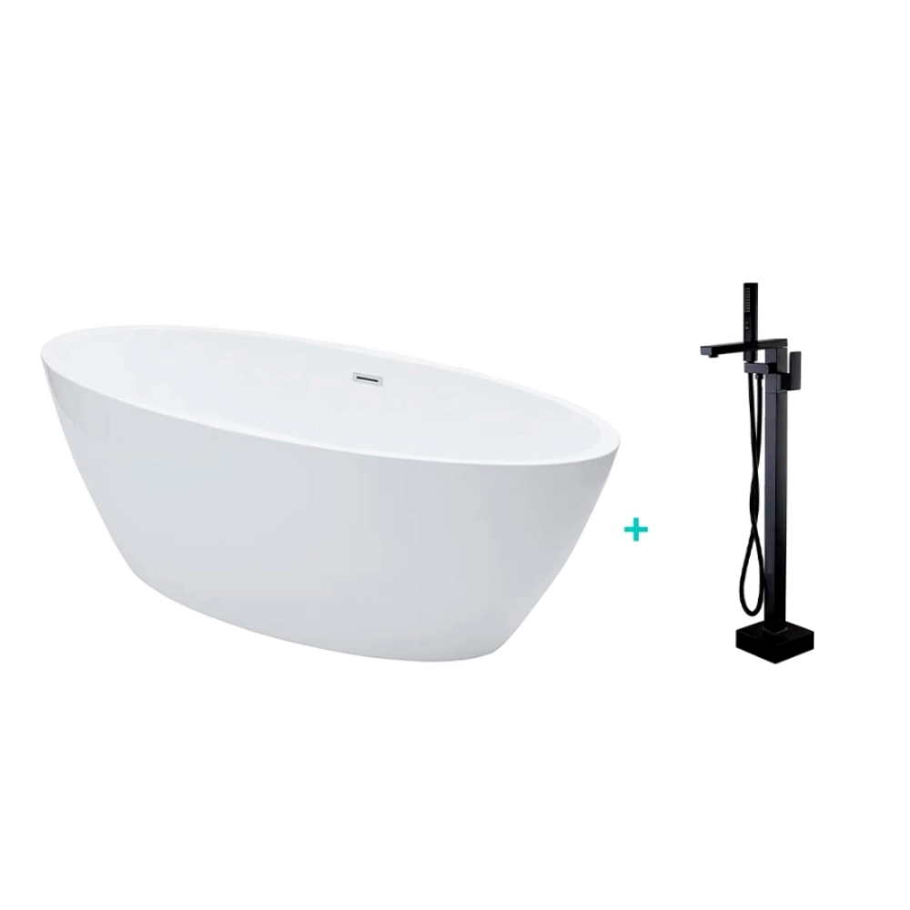 Kit Banheira de Imersão Acrílico 170 cm Rubi e Misturador de Piso Monocomando - Branco e Preto