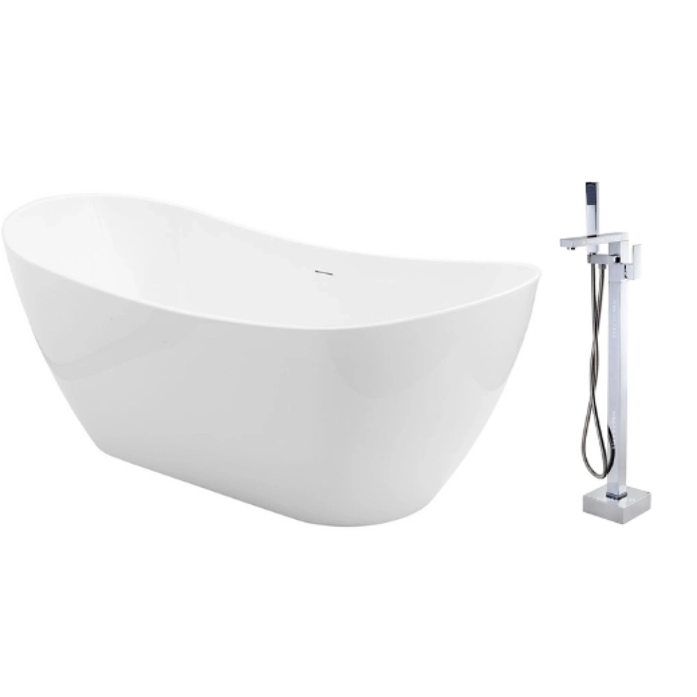Kit Banheira Freestanding Imersão Acrílico 170 cm Rutilo Branco e Misturador Monocomando de Piso para Banheira Santa Maria Prata