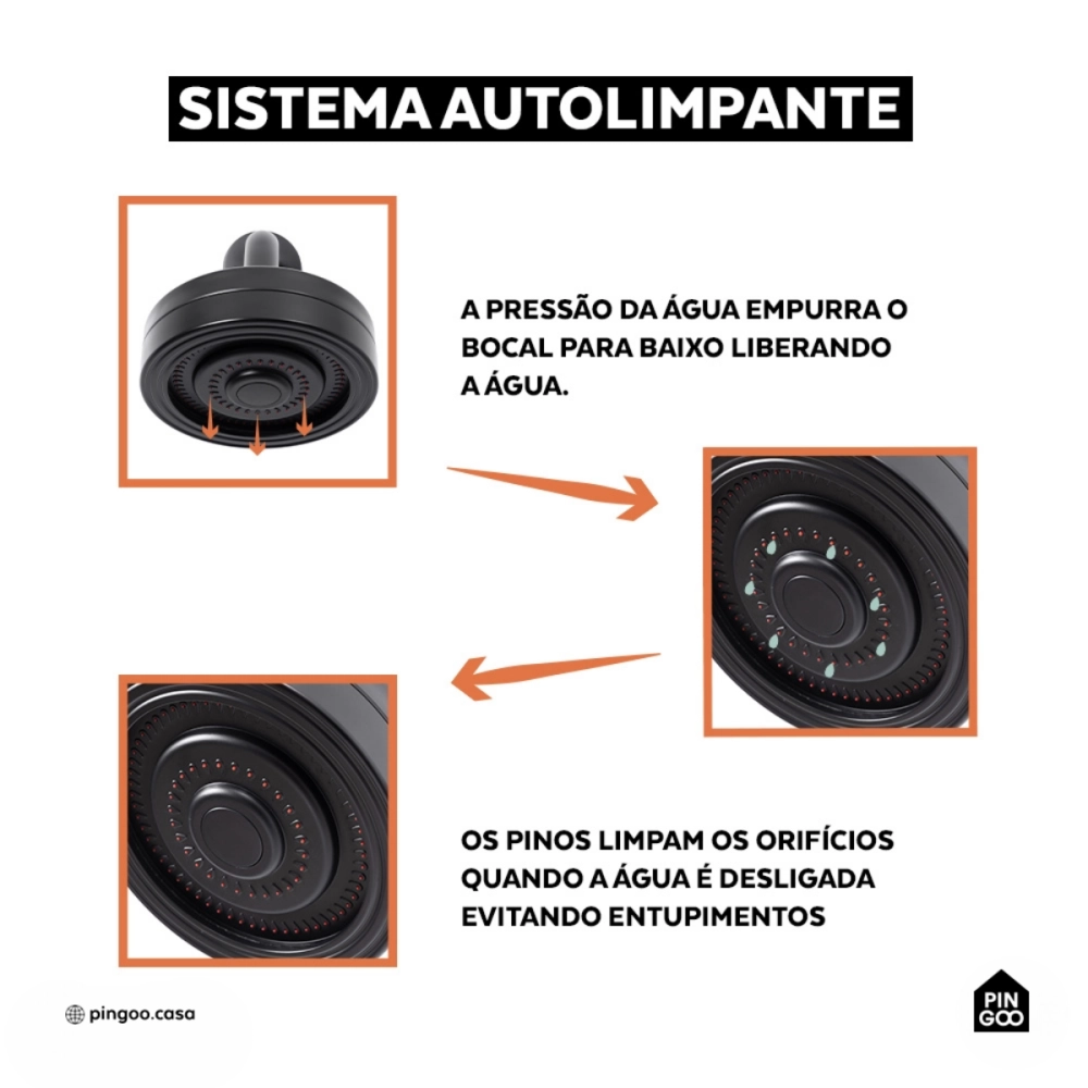Kit Chuveiro Autolimpante Redondo de Parede Longo Mauá com Desviador Mundaú e Ducha Manual Piraju Pingoo.casa - Preto Fosco