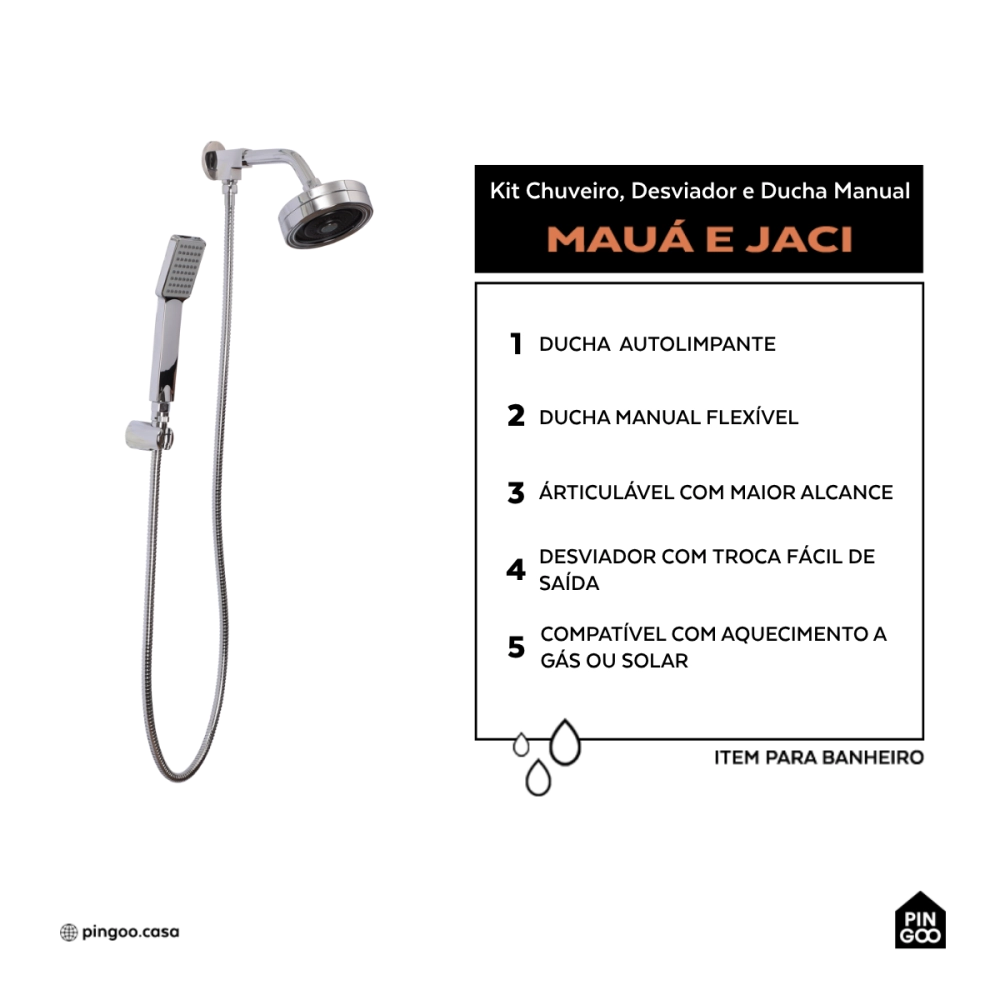 Kit Chuveiro Autolimpante Redondo de Parede Mauá com Desviador Mundaú e Ducha Manual Jaci Pingoo.casa - Prata