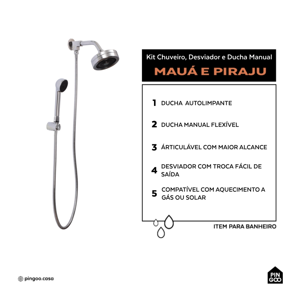 Kit Chuveiro Autolimpante Redondo de Parede Mauá com Desviador Mundaú e Ducha Manual Piraju Pingoo.casa - Prata