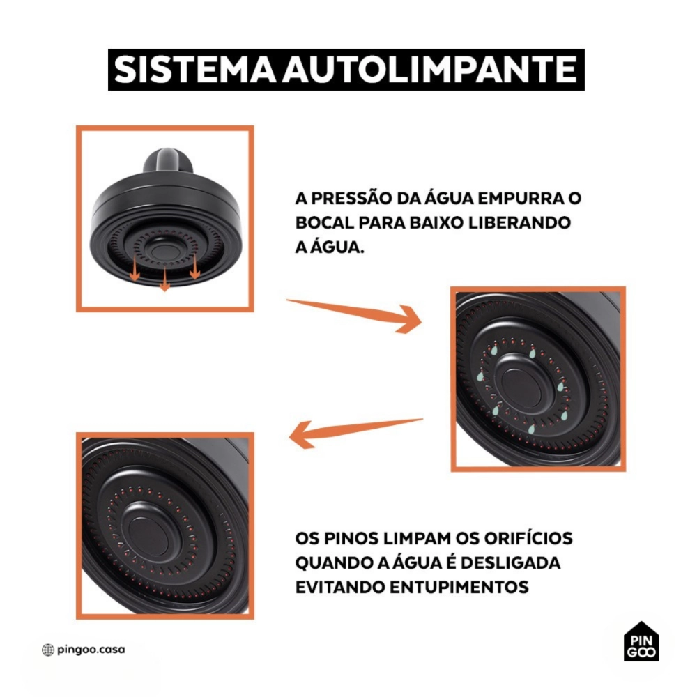 Kit Chuveiro Autolimpante Redondo de Parede Mauá com Desviador Mundaú e Ducha Manual Piraju Pingoo.casa - Preto