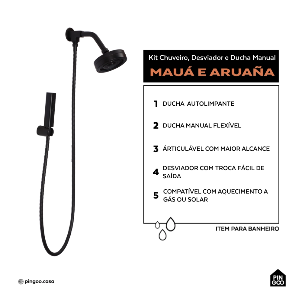 Kit Chuveiro Autolimpante Redondo de Parede Mauá com Desviador Mundaú e Ducha Manual Aruanã Pingoo.casa - Preto