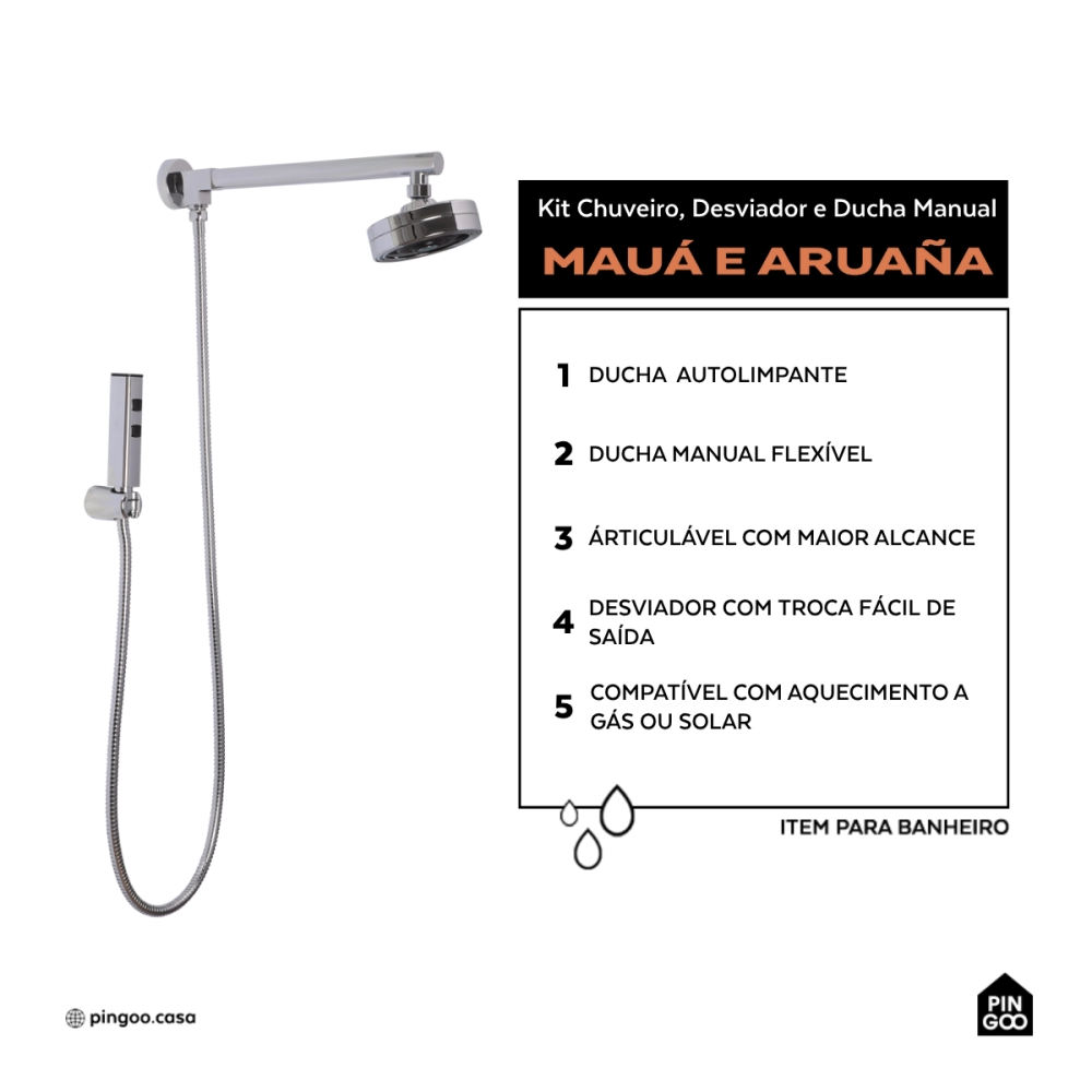 Kit Chuveiro Autolimpante Redondo de Parede Longo Mauá com Desviador Mundaú e Ducha Manual Aruanã Pingoo.casa - Prata