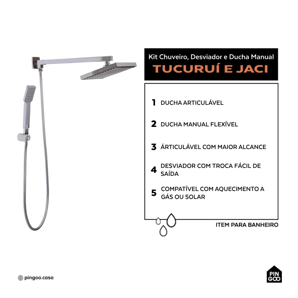 Kit Chuveiro Quadrado de Parede Tucuruí com Desviador Mundaú e Ducha Manual Jaci Pingoo.casa - Prata