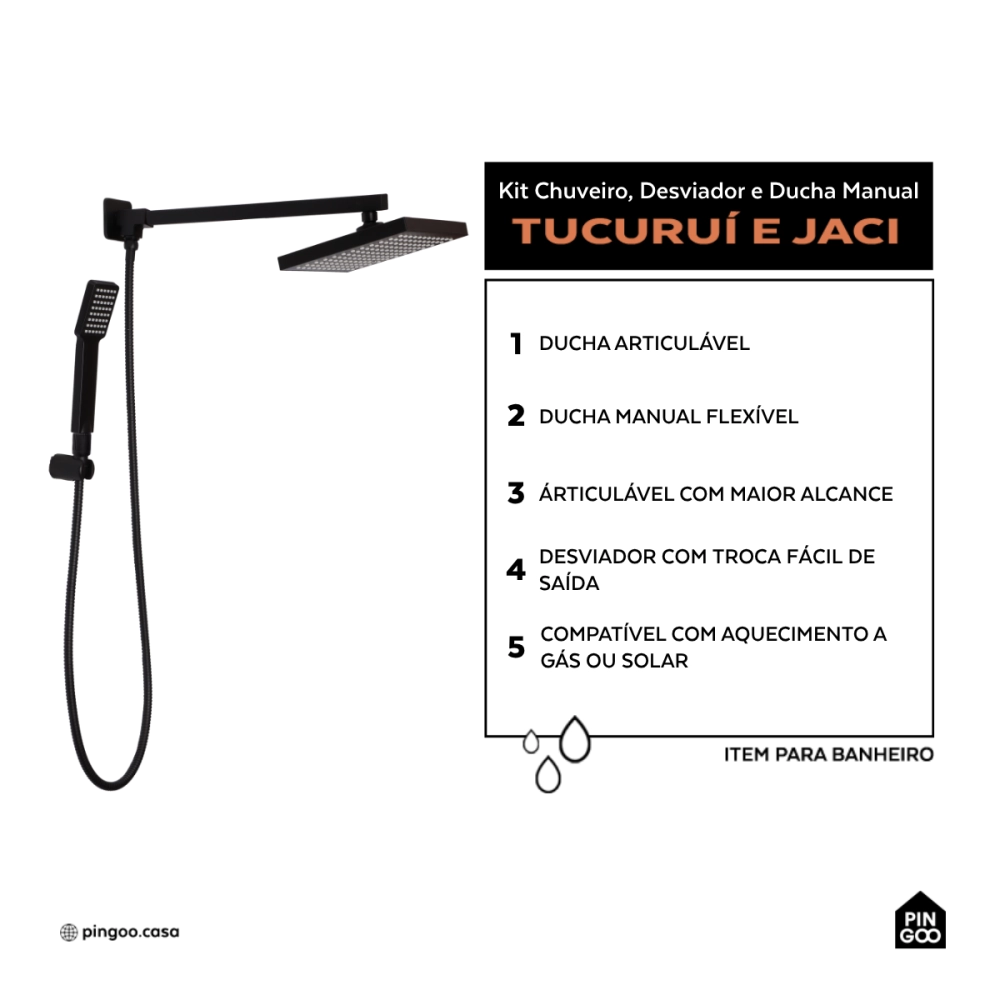Kit Chuveiro Quadrado de Parede Tucuruí com Desviador Mundaú e Ducha Manual Jaci Pingoo.casa - Preto