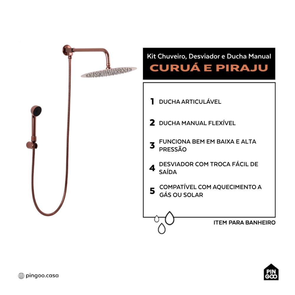 Kit Chuveiro Redondo Curuá 30cm com Desviador Mundaú e Ducha Manual Piraju Pingoo.casa -  Dourado Rose