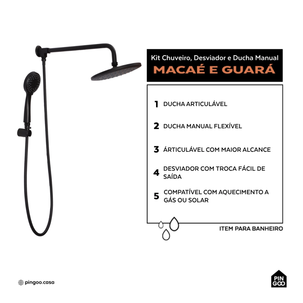 Kit Chuveiro Redondo de Parede Macaé com Desviador Mundaú e Ducha Manual Guará Pingoo.casa - Preto