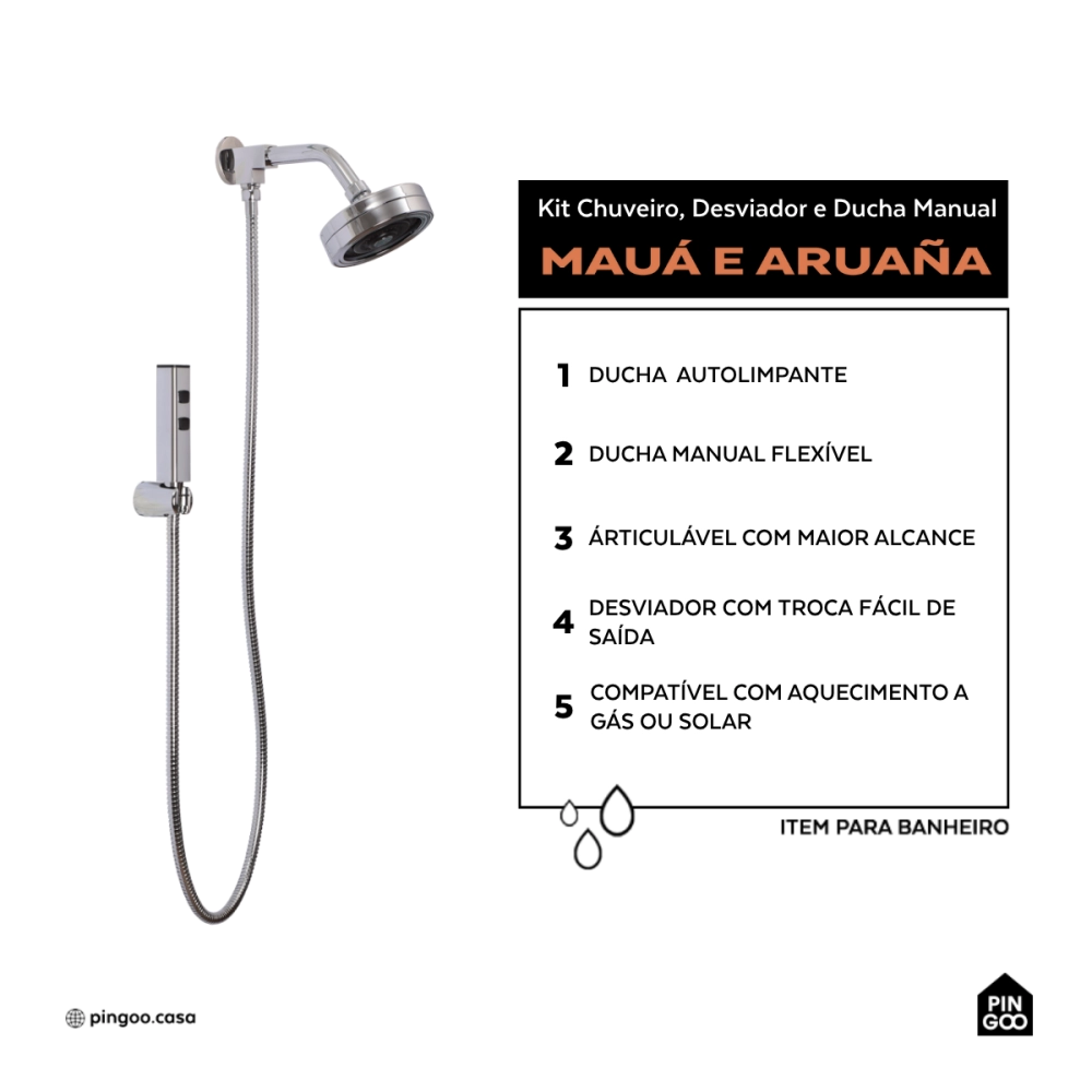 Kit Chuveiro Autolimpante Redondo de Parede Mauá com Desviador Mundaú e Ducha Manual Aruanã Pingoo.casa - Prata 