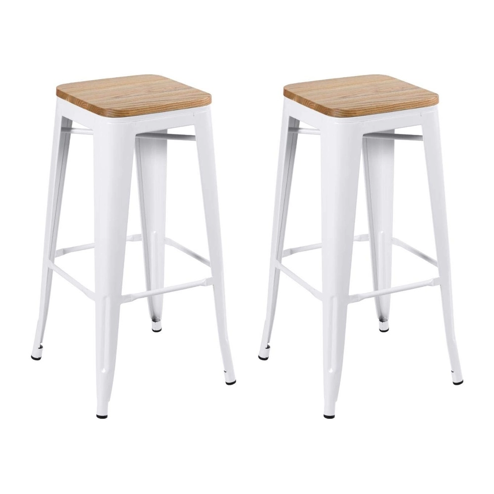 Kit com 2 Banquetas altas Iron Tolix com assento de madeira rústica clara 76 cm - Branco