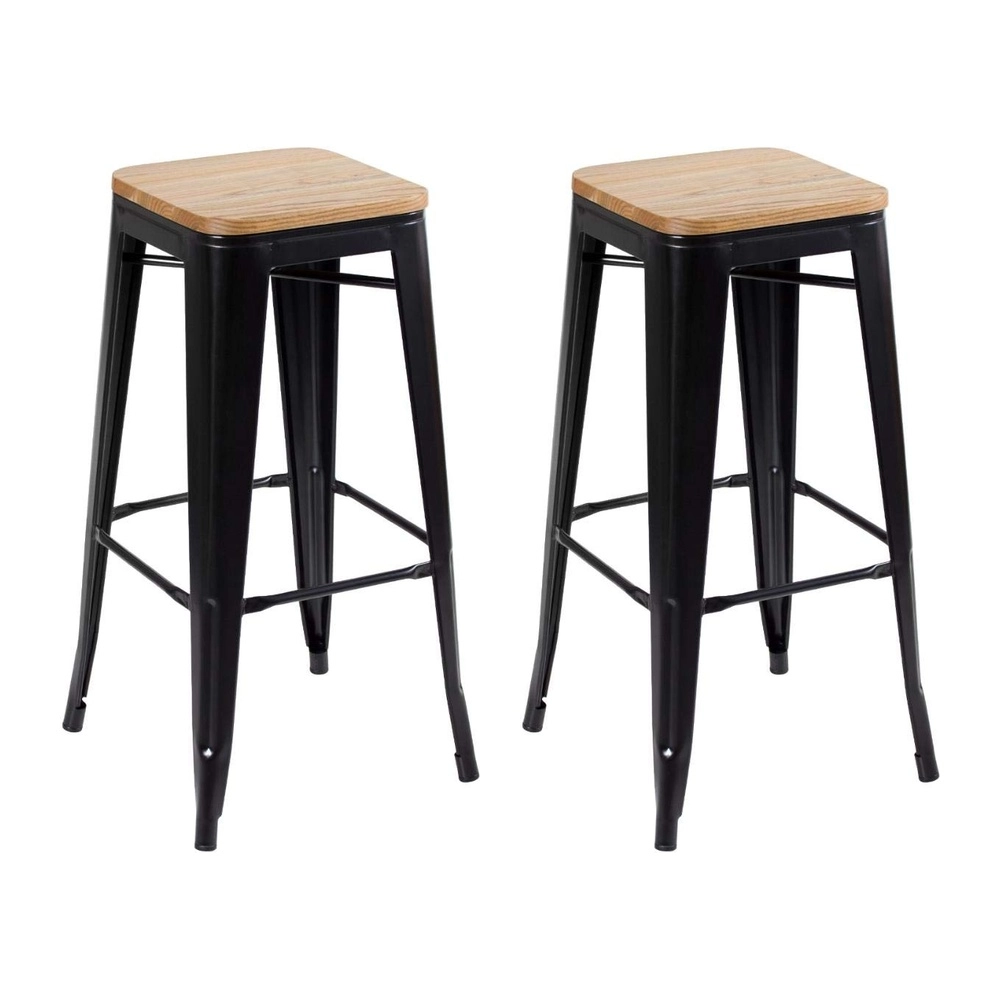 Kit com 2 Banquetas altas Iron Tolix com assento de madeira rústica clara 76 cm - Preto Kit com 2 Banquetas altas Iron Tolix com assento de madeira rústica clara 76 cm - Preto