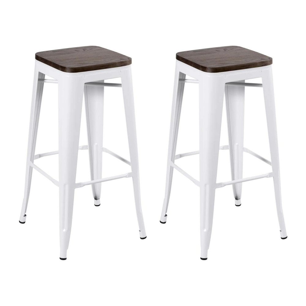Kit com 2 Banquetas altas Iron Tolix com assento de madeira rústica escura - 76 cm - Branco Kit com 2 Banquetas altas Iron Tolix com assento de madeira rústica escura - 76 cm - Branco