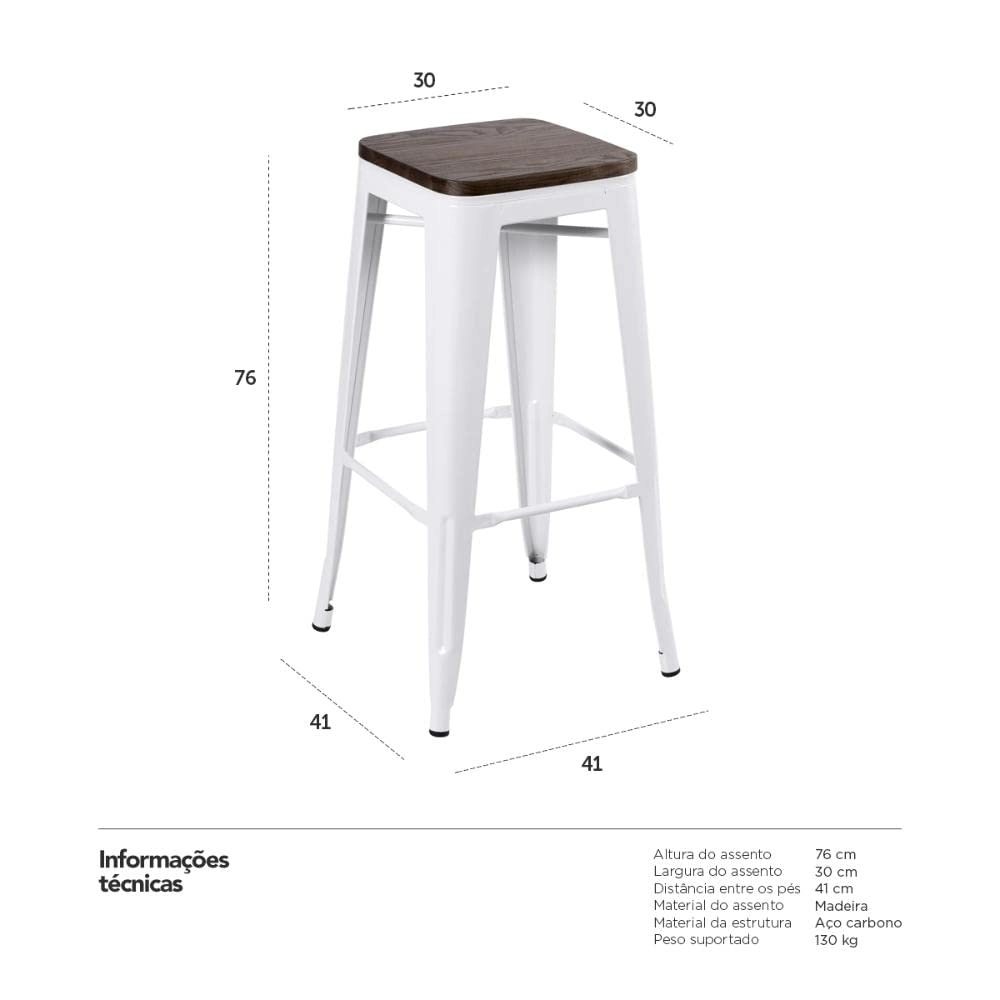 Kit com 2 Banquetas altas Iron Tolix com assento de madeira rústica escura - 76 cm - Branco Kit com 2 Banquetas altas Iron Tolix com assento de madeira rústica escura - 76 cm - Branco