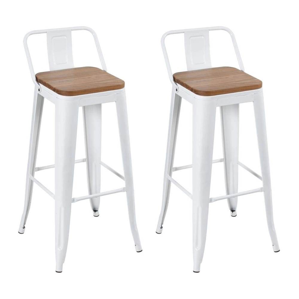 Kit com 2 Banquetas altas Iron Tolix com encosto e assento de madeira rústica clara 76 cm - Branco Kit com 2 Banquetas altas Iron Tolix com encosto e assento de madeira rústica clara 76 cm - Branco