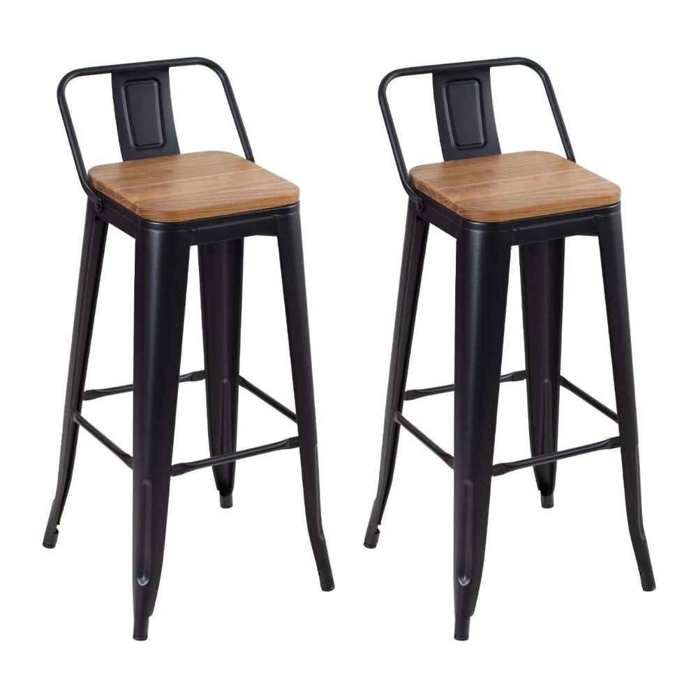Kit com 2 Banquetas altas Iron Tolix com encosto e assento de madeira rústica clara 76 cm - Preto