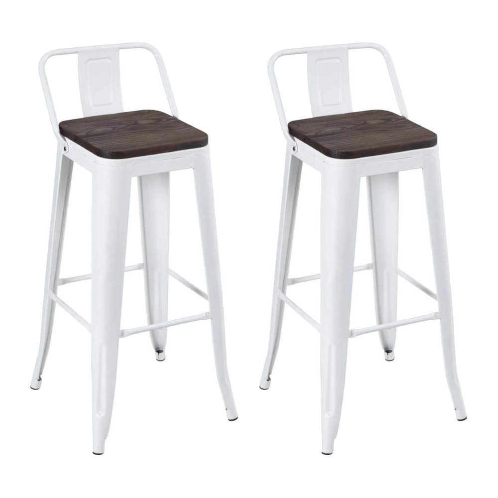 Kit com 2 Banquetas altas Iron Tolix com encosto e assento de madeira rústica escura - Branco