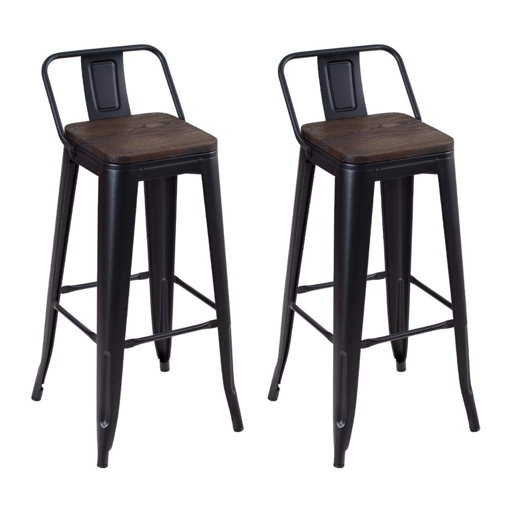 Kit com 2 Banquetas altas Iron Tolix com encosto e assento de madeira rústica escura - Preto Kit com 2 Banquetas altas Iron Tolix com encosto e assento de madeira rústica escura - Preto