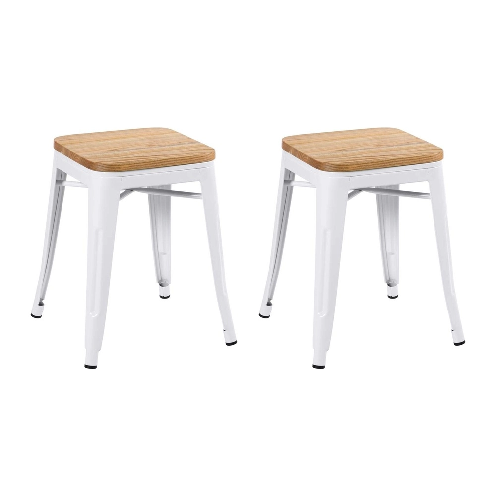 Kit com 2 Banquetas baixas Iron Tolix com assento de madeira rústica clara 45 cm - Branco