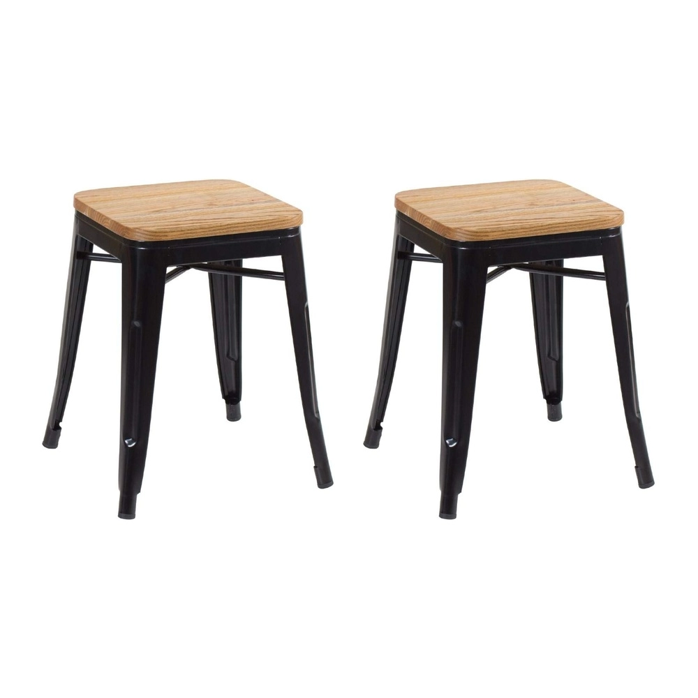 Kit com 2 Banquetas baixas Iron Tolix com assento de madeira rústica clara 45 cm - Preto Kit com 2 Banquetas baixas Iron Tolix com assento de madeira rústica clara 45 cm - Preto