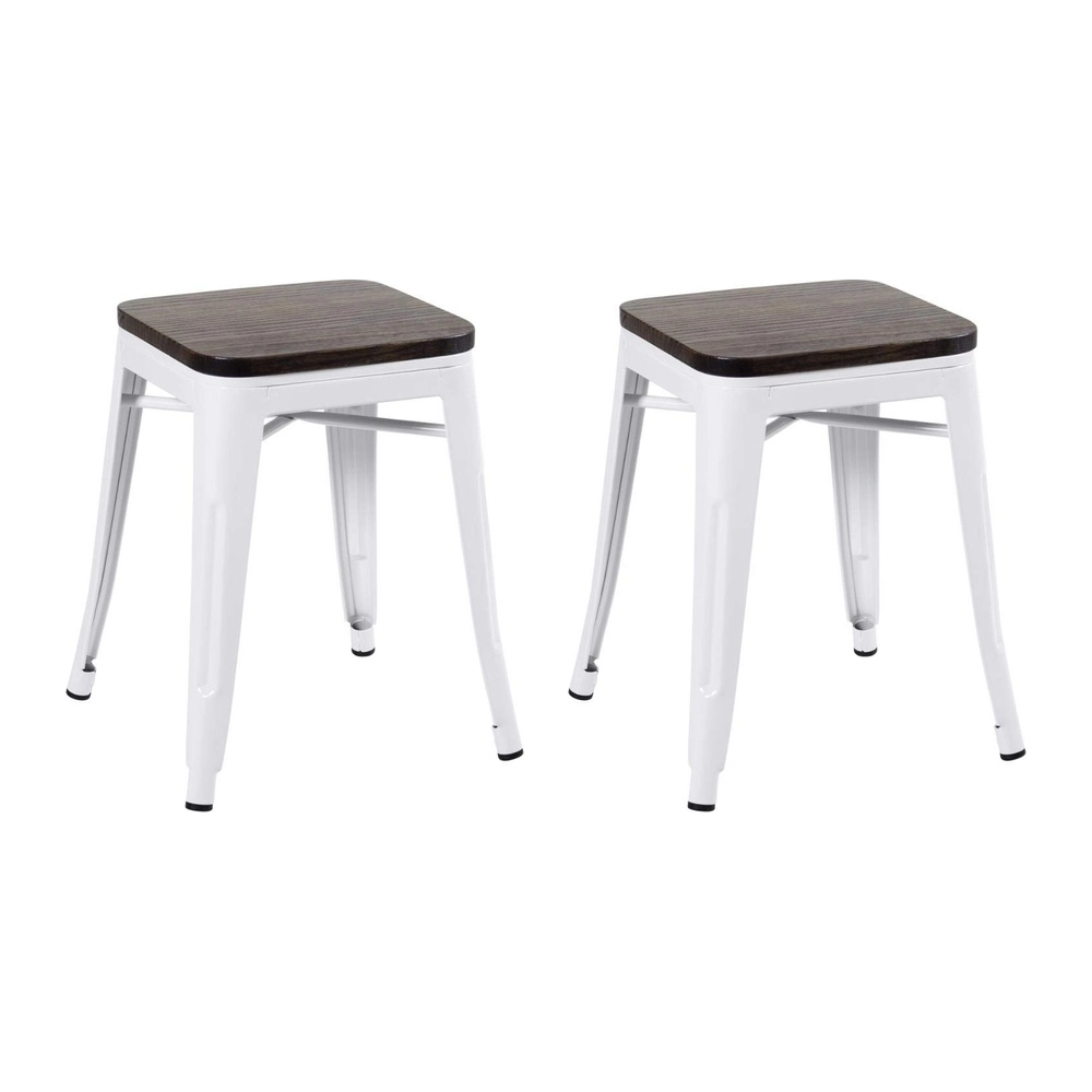 Kit com 2 Banquetas baixas Iron Tolix com assento de madeira rústica escura - Branco Kit com 2 Banquetas baixas Iron Tolix com assento de madeira rústica escura - Branco