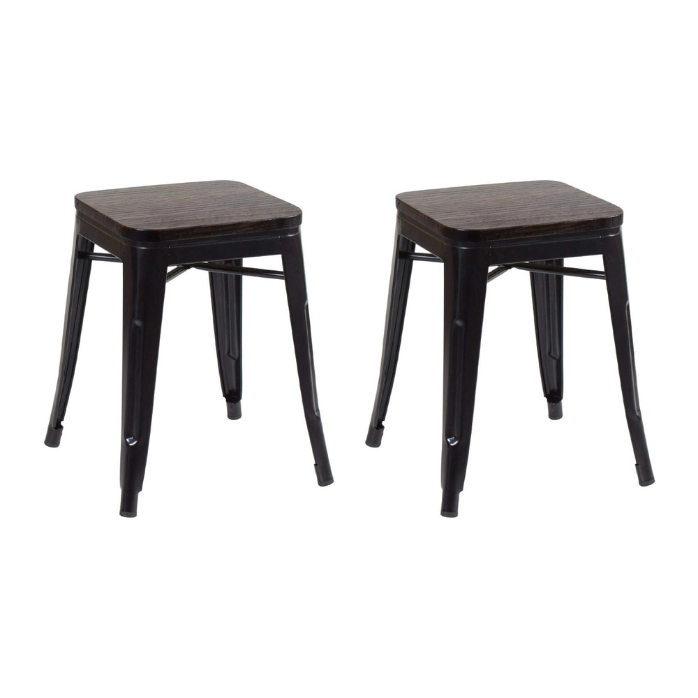 Kit com 2 Banquetas baixas Iron Tolix com assento de madeira rústica escura - Preto