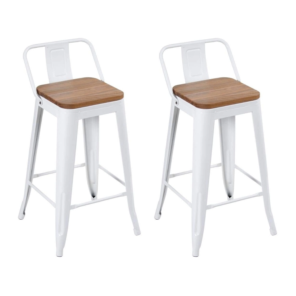Kit com 2 Banquetas Iron Tolix com encosto e assento de madeira rústica clara 61 cm - Branco