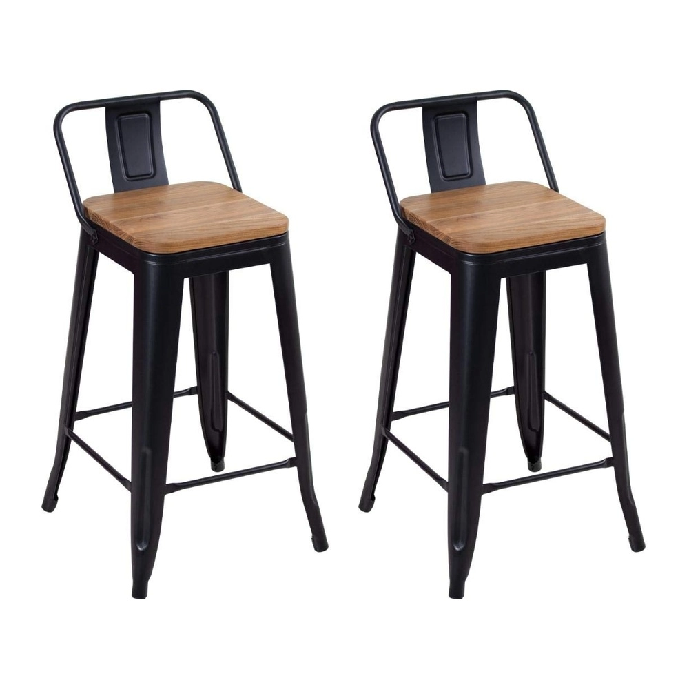 Kit com 2 Banquetas médias Iron Tolix com encosto e assento de madeira rústica clara 66 cm - Preto Kit com 2 Banquetas médias Iron Tolix com encosto e assento de madeira rústica clara 66 cm - Preto