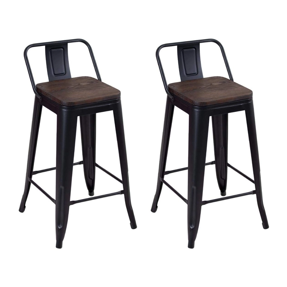 Kit com 2 Banquetas médias Iron Tolix com encosto e assento de madeira rústica escura 66 cm - Preto