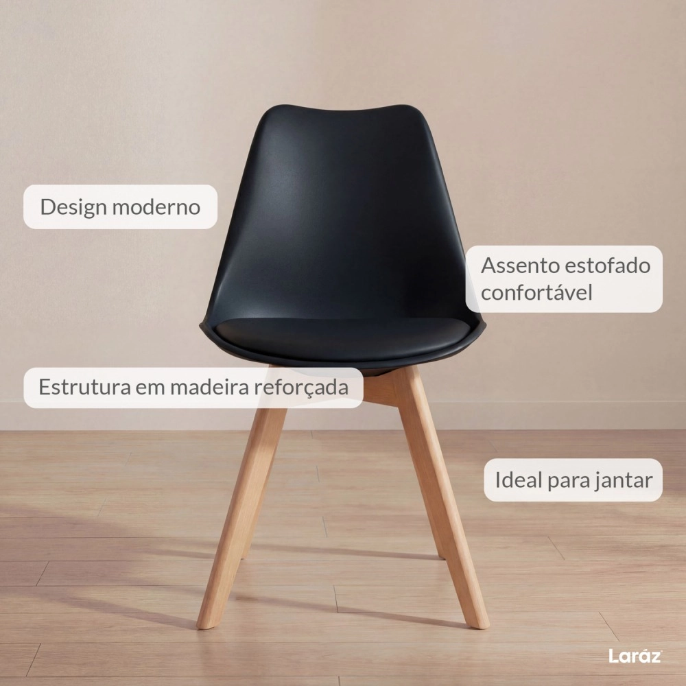 Kit com 2 Cadeiras de jantar Leda com assento estofado e design moderno - Preto