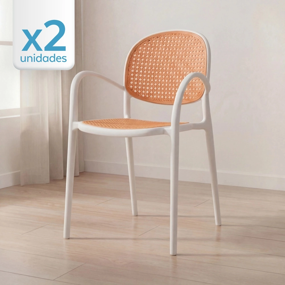 Kit com 2 Cadeiras de jantar Mumbai telinha com braços e design contemporâneo – Branco Kit com 2 Cadeiras de jantar Mumbai telinha com braços e design contemporâneo – Branco
