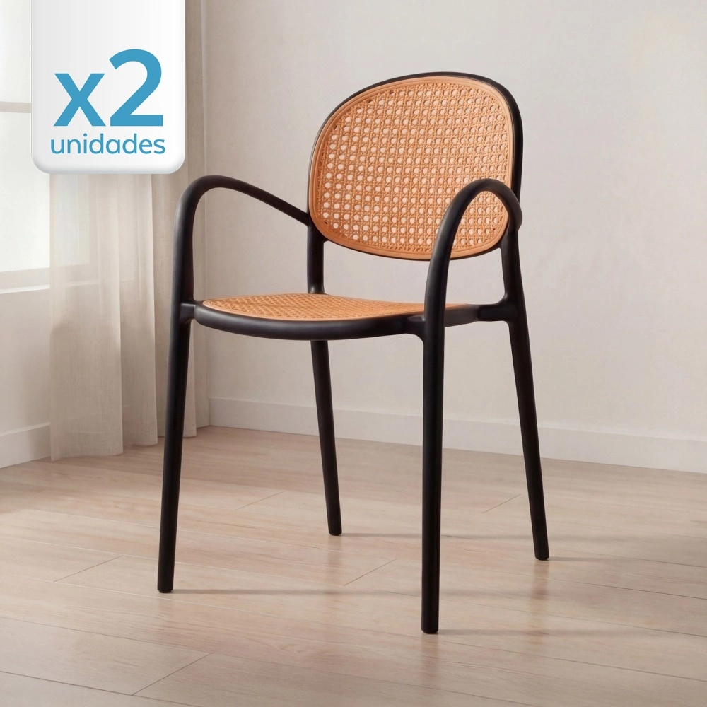 Kit com 2 Cadeiras de jantar Mumbai telinha com braços e design contemporâneo – Preta Kit com 2 Cadeiras de jantar Mumbai telinha com braços e design contemporâneo – Preta